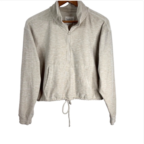 Abercrombie Soft A&F Cinch Hem Half Zip Pullover S Beige Oatmeal Cropped Bungee - Picture 3 of 12